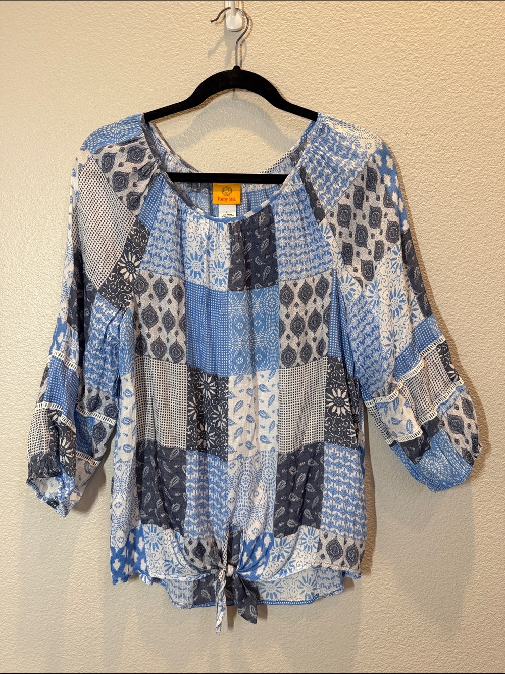 Ruby Rd. Blue and White Patchwork Tie-Front Too